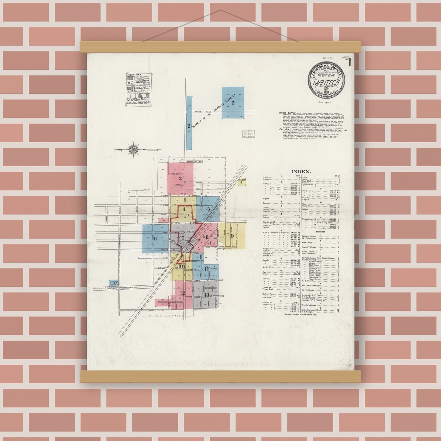 Old map wall art mockup — magnetic wood frame on brick wall — Sanborn Fire Insurance Map from Manteca, San Joaquin County, California (1921) - Complete Map Set