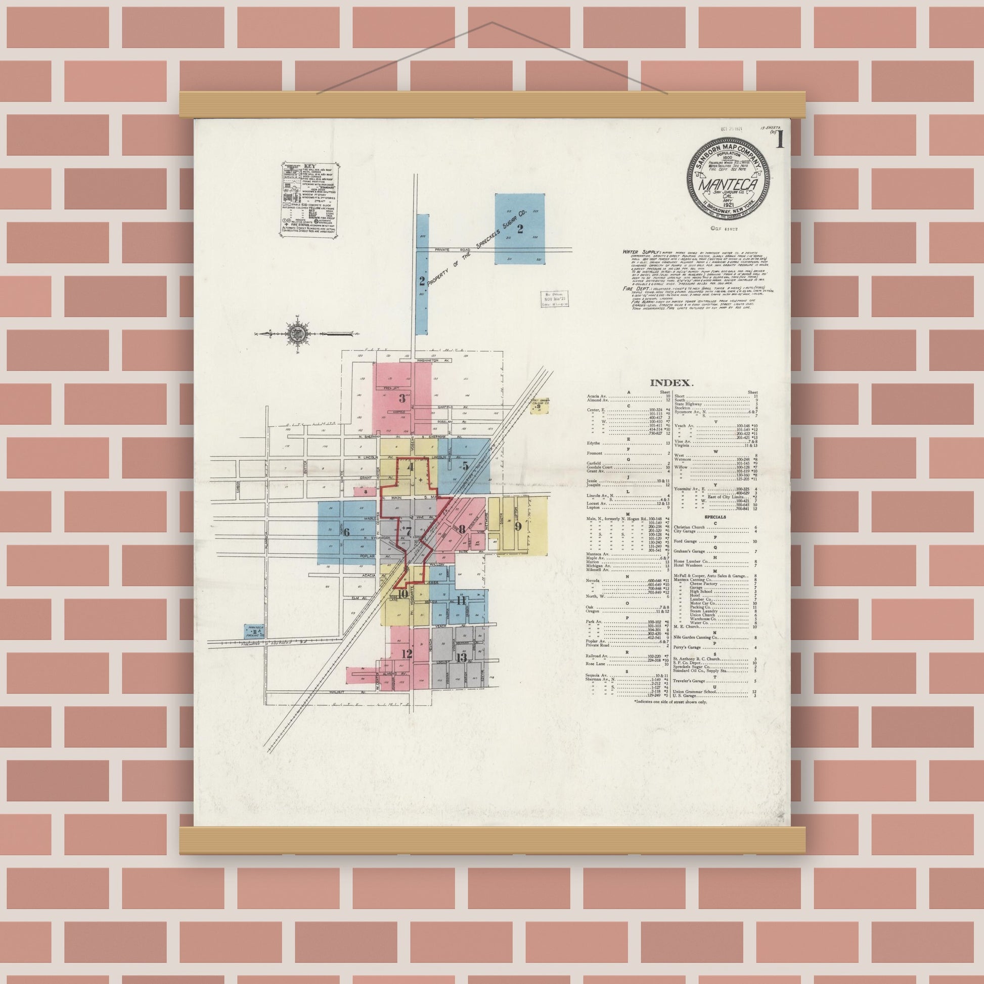 Old map wall art mockup — magnetic wood frame on brick wall — Sanborn Fire Insurance Map from Manteca, San Joaquin County, California (1921) - Complete Map Set