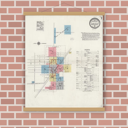 Old map wall art mockup — magnetic wood frame on brick wall — Sanborn Fire Insurance Map from Manteca, San Joaquin County, California (1921) - Complete Map Set