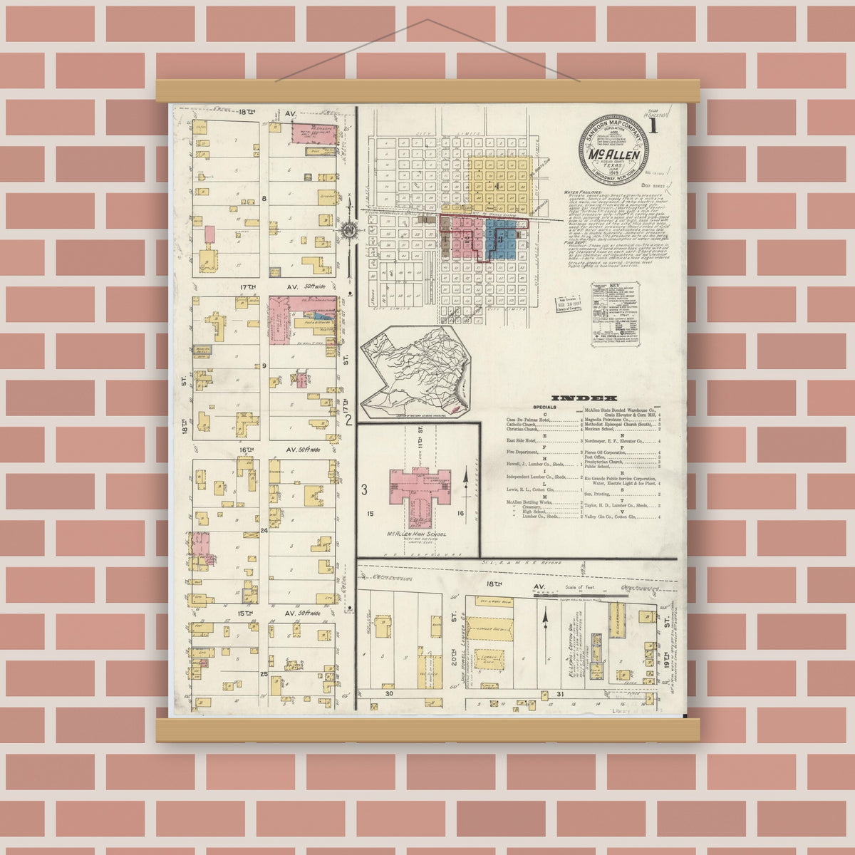 Old map wall art mockup — magnetic wood frame on brick wall — Sanborn Fire Insurance Map from McAllen, Hidalgo County, Texas (1919), Sheet #0001