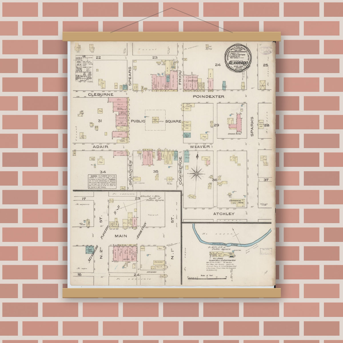 Old map wall art mockup — magnetic wood frame on brick wall — Sanborn Fire Insurance Map from Alvarado, Johnson County, Texas (1885), Sheet #0001