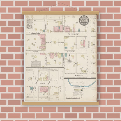 Old map wall art mockup — magnetic wood frame on brick wall — Sanborn Fire Insurance Map from Alvarado, Johnson County, Texas (1885), Sheet #0001