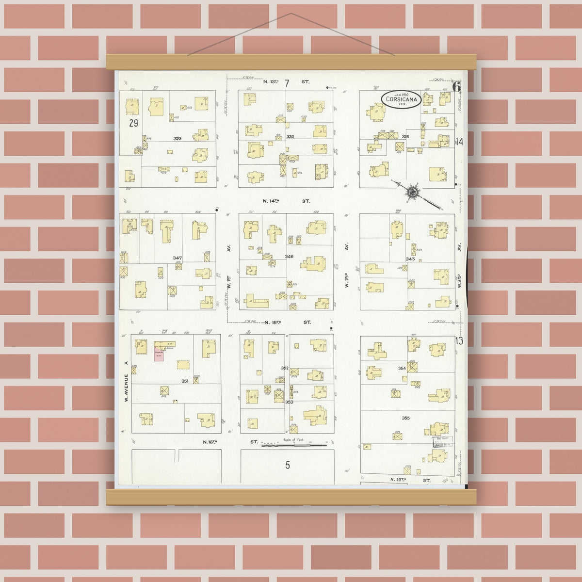 Old map wall art mockup — magnetic wood frame on brick wall — Sanborn Fire Insurance Map from Corsicana, Navarro County, Texas (1910), Sheet #0006