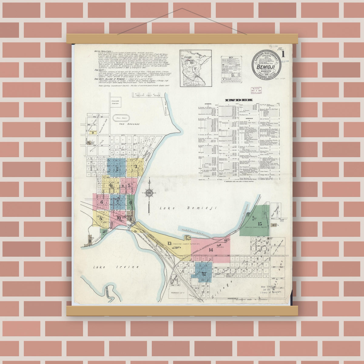 Old map wall art mockup — magnetic wood frame on brick wall — Sanborn Fire Insurance Map from Bemidji, Beltrami County, Minnesota (1914), Sheet #0001