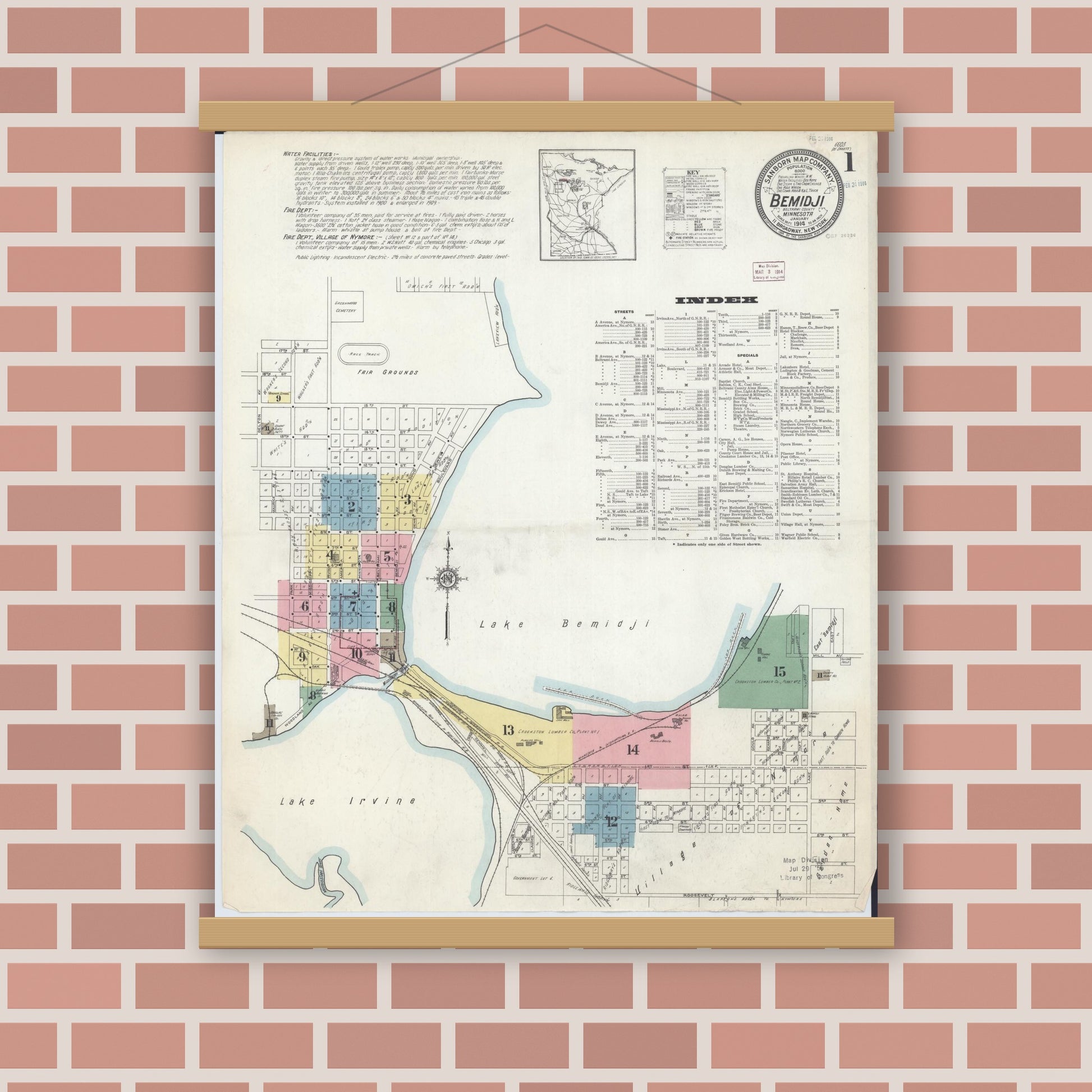 Old map wall art mockup — magnetic wood frame on brick wall — Sanborn Fire Insurance Map from Bemidji, Beltrami County, Minnesota (1914), Sheet #0001