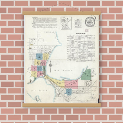 Old map wall art mockup — magnetic wood frame on brick wall — Sanborn Fire Insurance Map from Bemidji, Beltrami County, Minnesota (1914), Sheet #0001