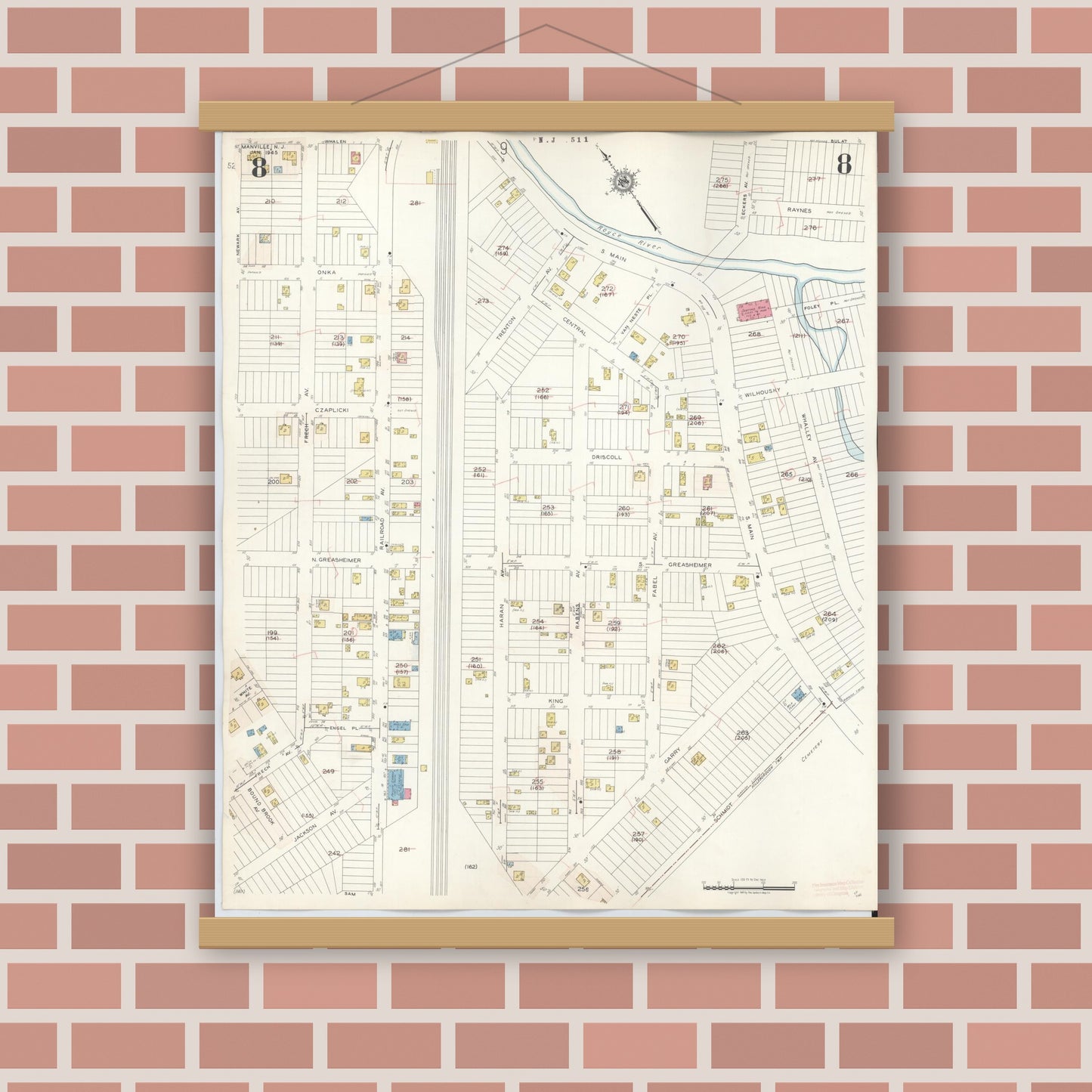 Old map wall art mockup — magnetic wood frame on brick wall — Sanborn Fire Insurance Map from Manville, Somerset County, New Jersey (1949), Sheet #0008
