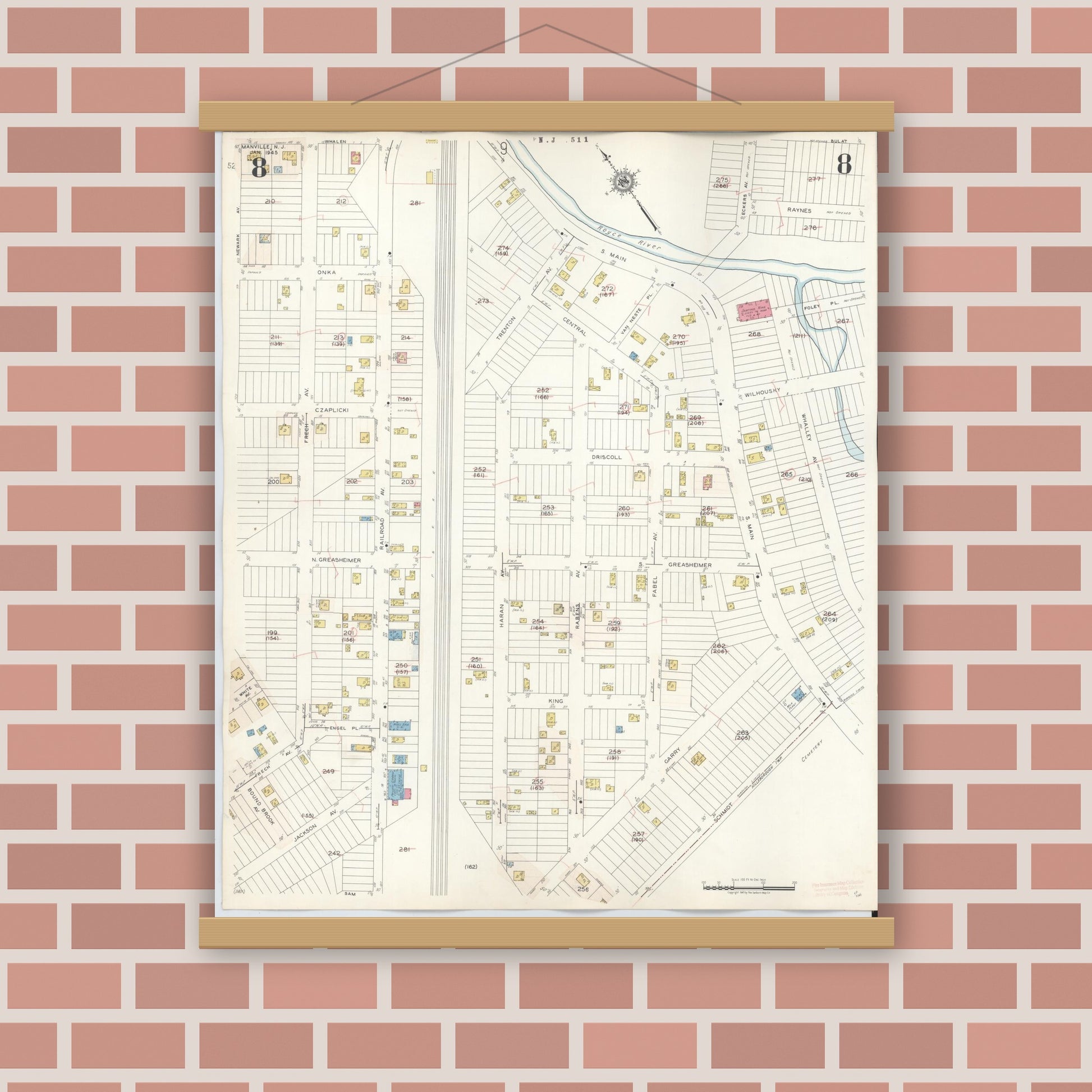 Old map wall art mockup — magnetic wood frame on brick wall — Sanborn Fire Insurance Map from Manville, Somerset County, New Jersey (1949), Sheet #0008