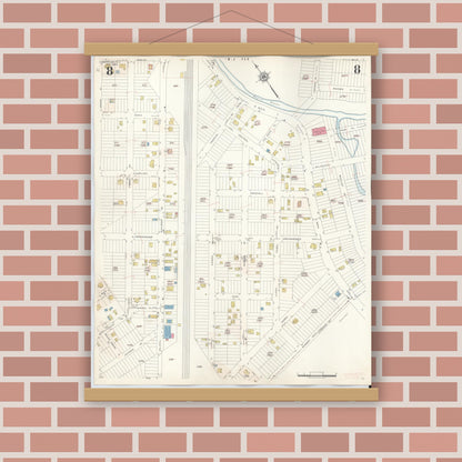 Old map wall art mockup — magnetic wood frame on brick wall — Sanborn Fire Insurance Map from Manville, Somerset County, New Jersey (1949), Sheet #0008