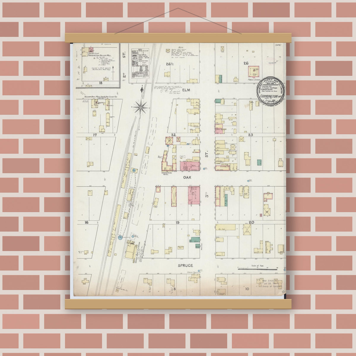 Old map wall art mockup — magnetic wood frame on brick wall — Sanborn Fire Insurance Map from Farmington, Dakota County, Minnesota (1891), Sheet #0001