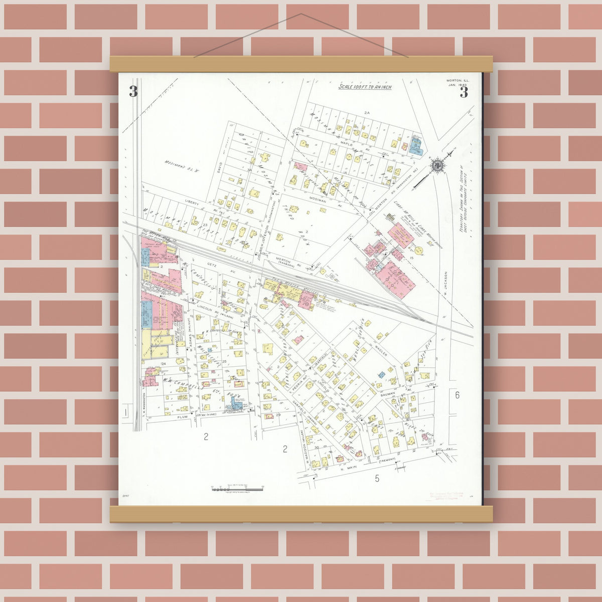 Old map wall art mockup — magnetic wood frame on brick wall — Sanborn Fire Insurance Map from Morton, Tazewell County, Illinois (1940), Sheet #0003