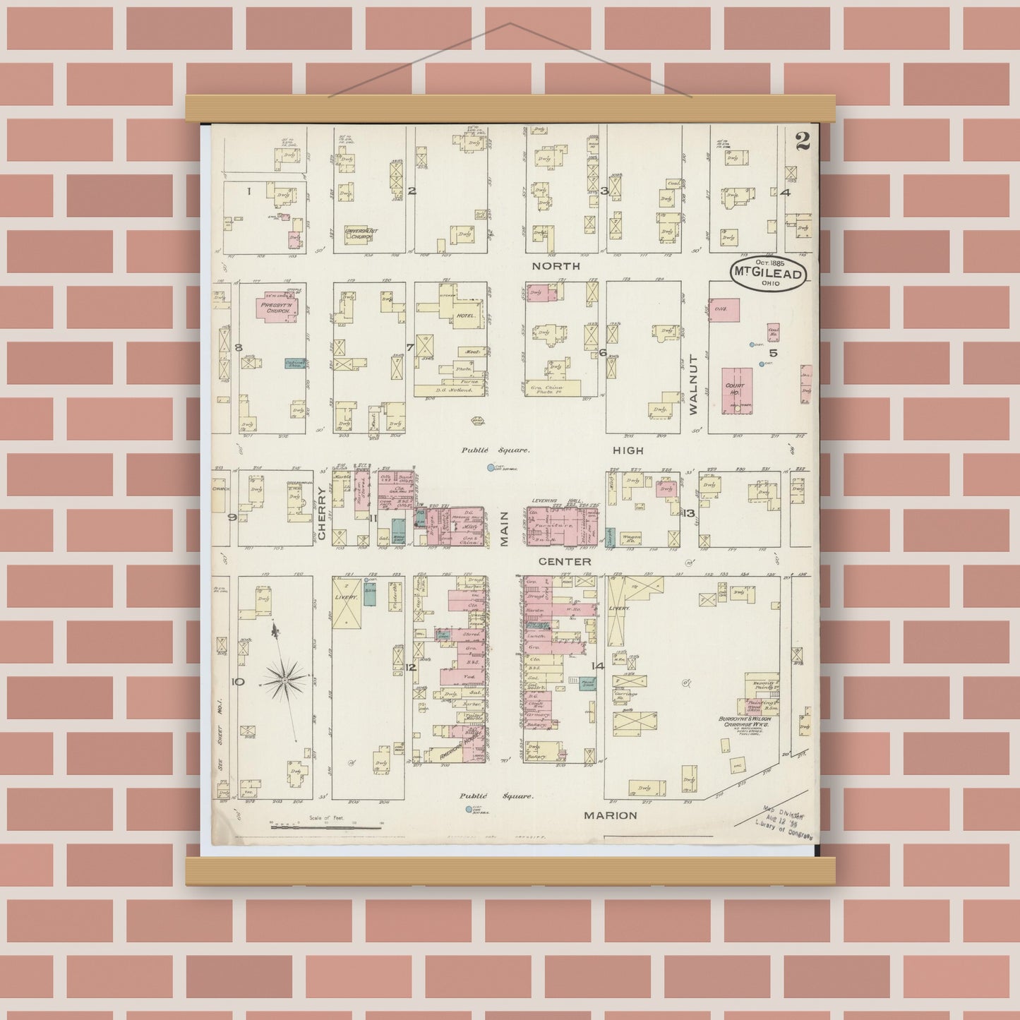 Old map wall art mockup — magnetic wood frame on brick wall — Sanborn Fire Insurance Map from Mount Gilead, Morrow County, Ohio (1885), Sheet #0002