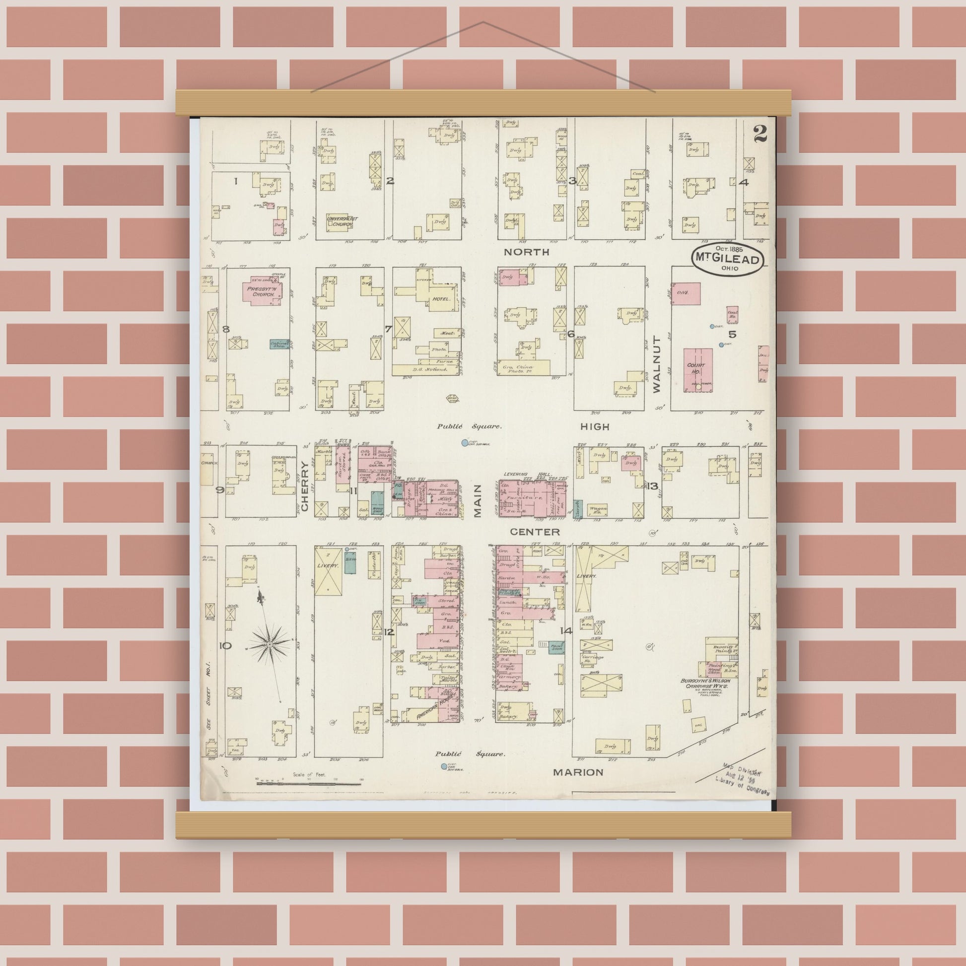 Old map wall art mockup — magnetic wood frame on brick wall — Sanborn Fire Insurance Map from Mount Gilead, Morrow County, Ohio (1885), Sheet #0002