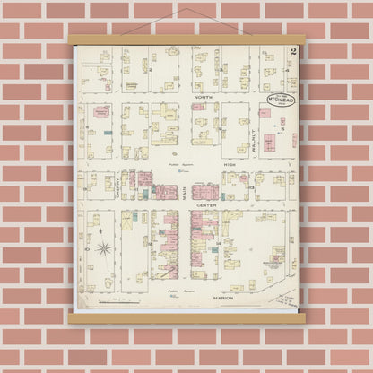 Old map wall art mockup — magnetic wood frame on brick wall — Sanborn Fire Insurance Map from Mount Gilead, Morrow County, Ohio (1885), Sheet #0002