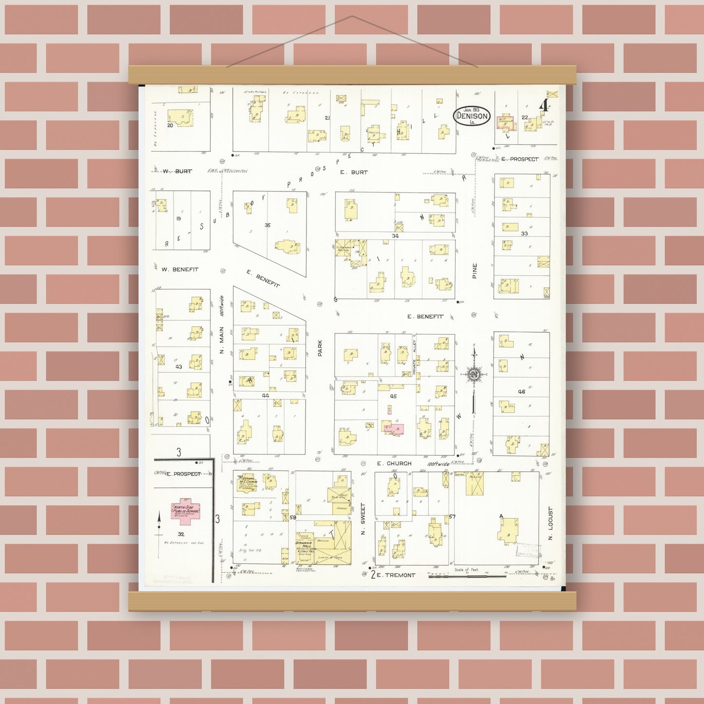 Old map wall art mockup — magnetic wood frame on brick wall — Sanborn Fire Insurance Map from Denison, Crawford County, Iowa (1913), Sheet #0004