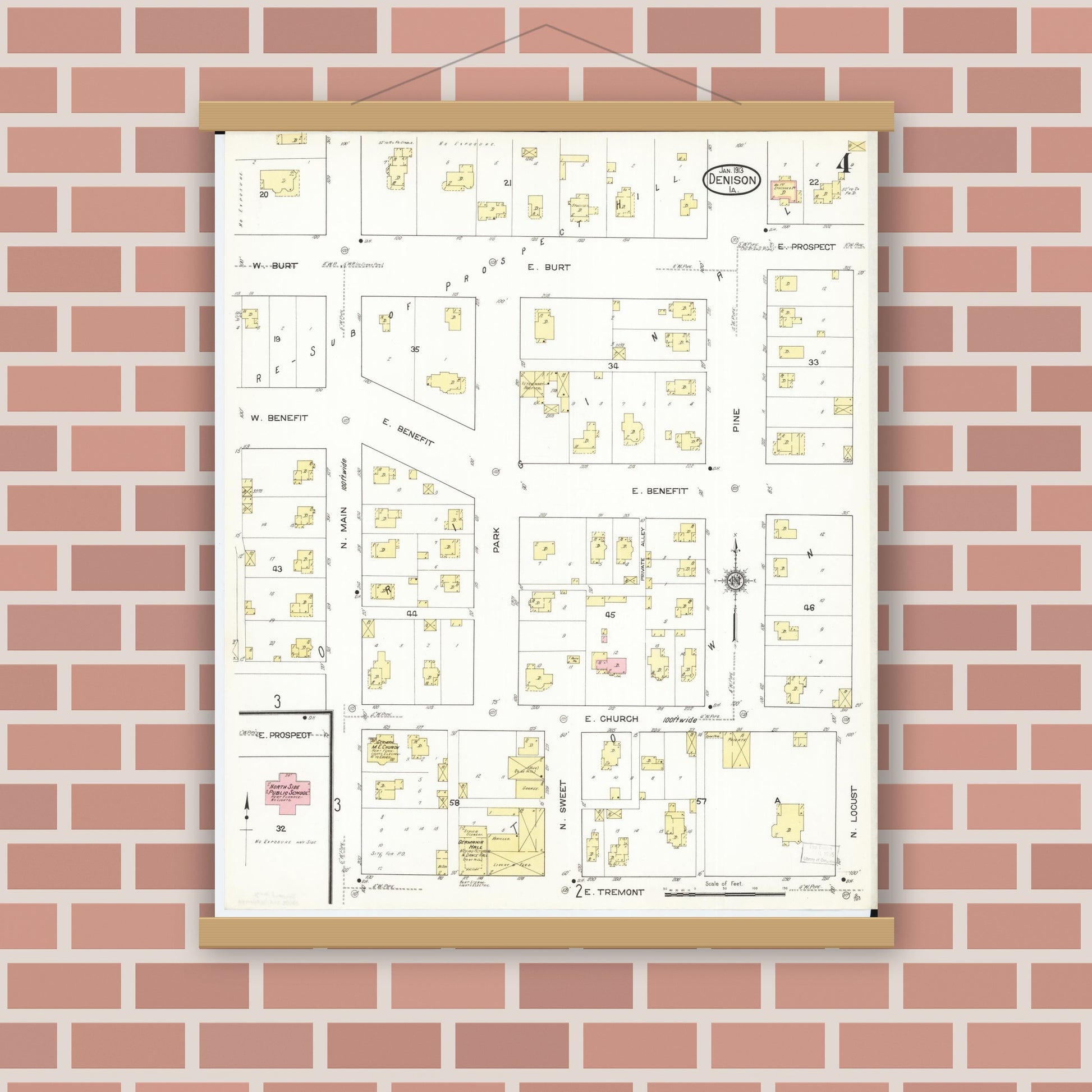 Old map wall art mockup — magnetic wood frame on brick wall — Sanborn Fire Insurance Map from Denison, Crawford County, Iowa (1913), Sheet #0004