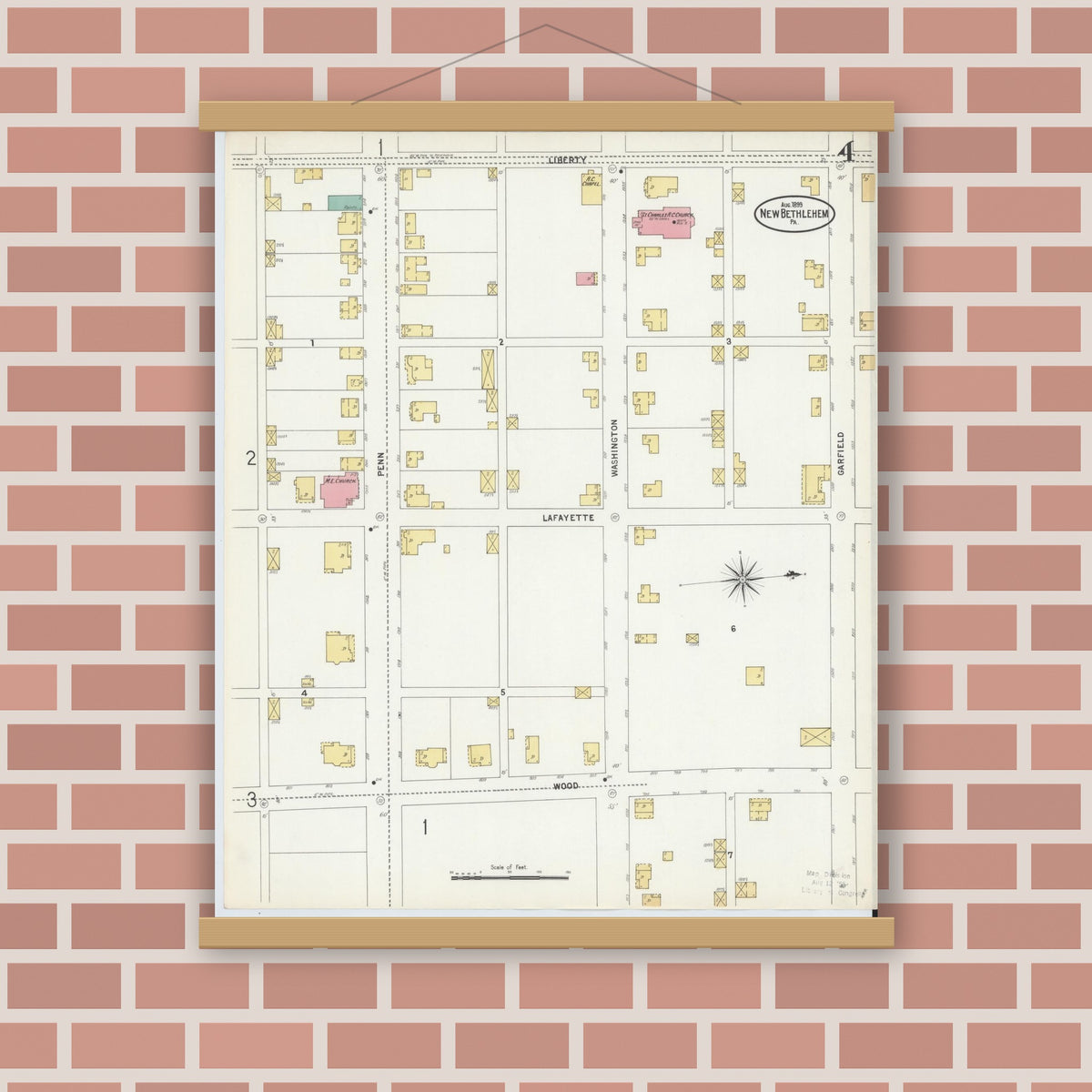 Old map wall art mockup — magnetic wood frame on brick wall — Sanborn Fire Insurance Map from New Bethlehem, Clarion County, Pennsylvania (1899), Sheet #0004