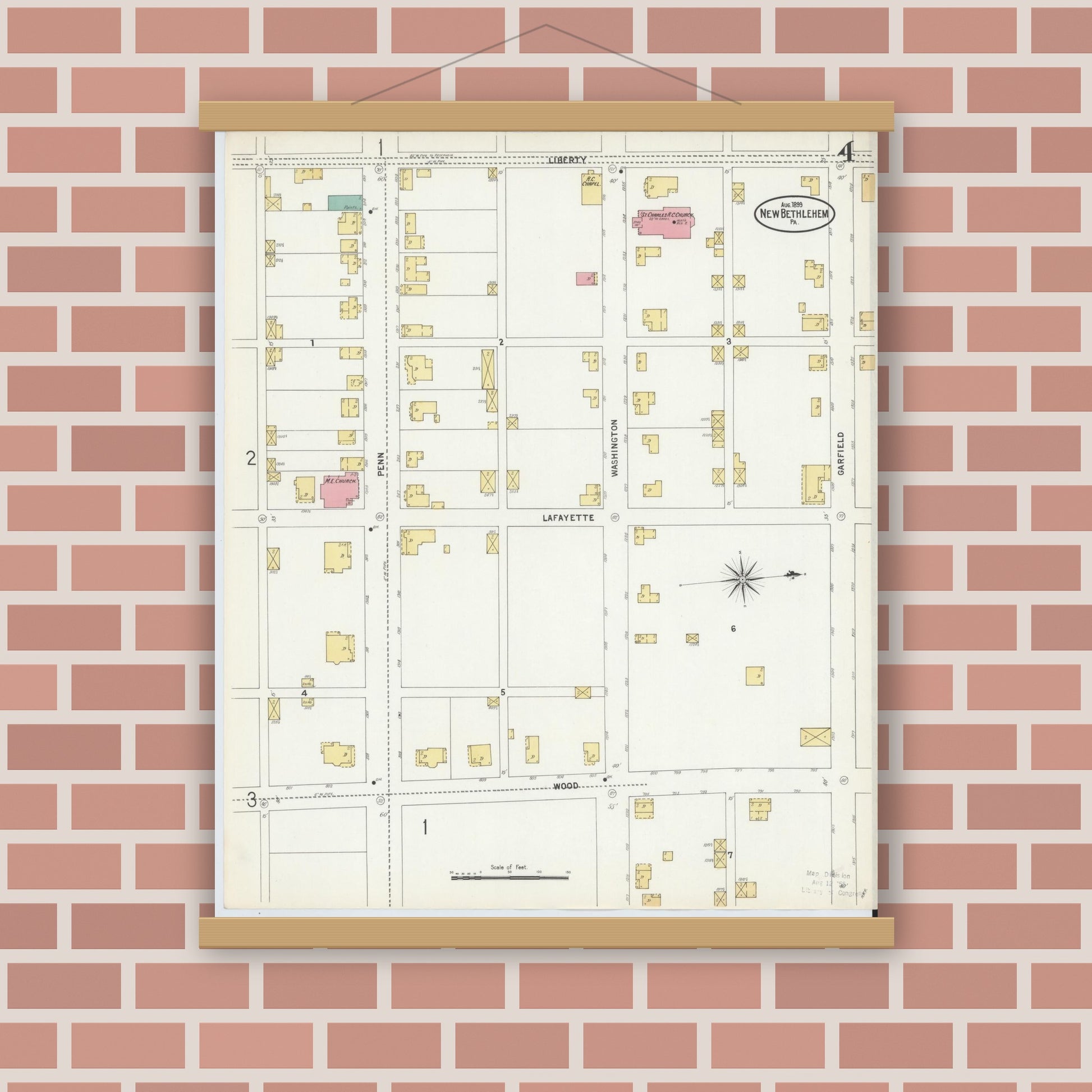 Old map wall art mockup — magnetic wood frame on brick wall — Sanborn Fire Insurance Map from New Bethlehem, Clarion County, Pennsylvania (1899), Sheet #0004