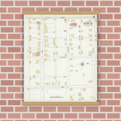 Old map wall art mockup — magnetic wood frame on brick wall — Sanborn Fire Insurance Map from New Bethlehem, Clarion County, Pennsylvania (1899), Sheet #0004