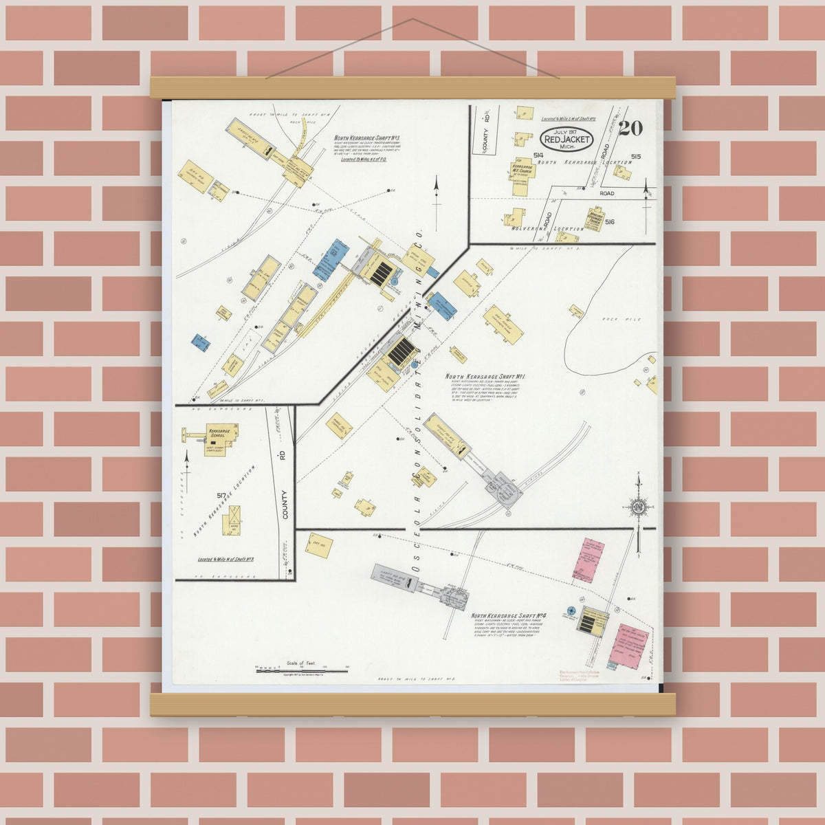 Old map wall art mockup — magnetic wood frame on brick wall — Sanborn Fire Insurance Map from Red Jacket, Houghton County, Michigan (1917), Sheet #0020