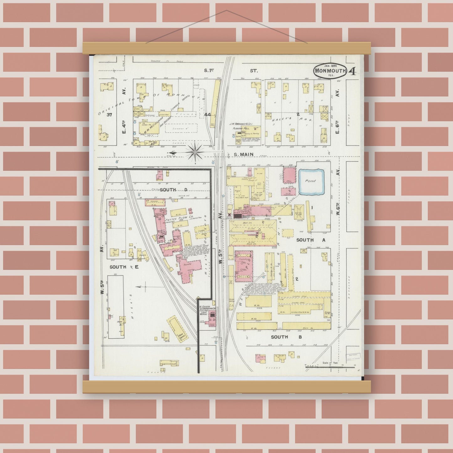 Old map wall art mockup — magnetic wood frame on brick wall — Sanborn Fire Insurance Map from Monmouth, Warren County, Illinois (1892), Sheet #0004