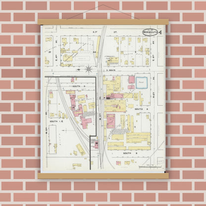 Old map wall art mockup — magnetic wood frame on brick wall — Sanborn Fire Insurance Map from Monmouth, Warren County, Illinois (1892), Sheet #0004
