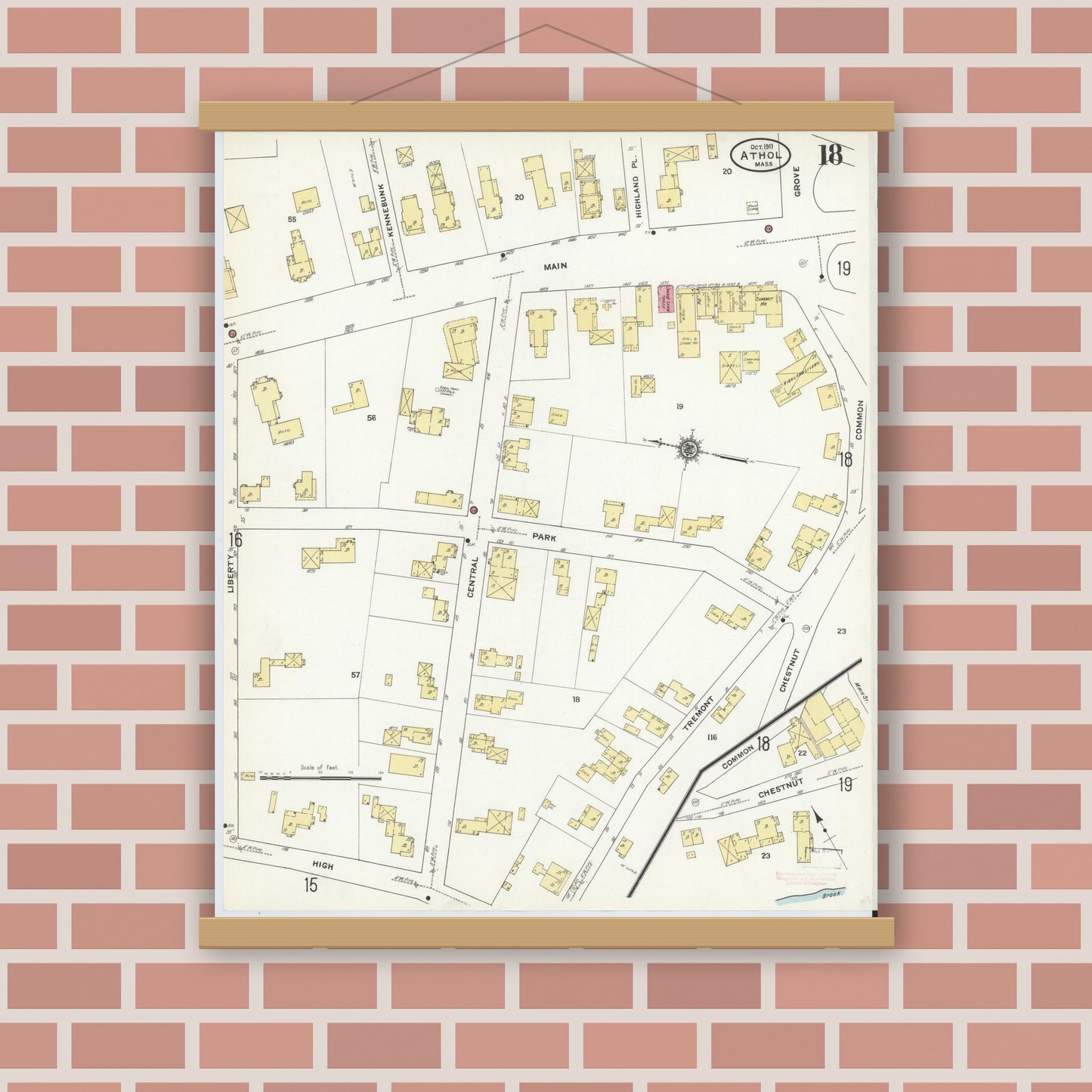 Old map wall art mockup — magnetic wood frame on brick wall — Sanborn Fire Insurance Map from Athol, Worcester County, Massachusetts (1911), Sheet #0018