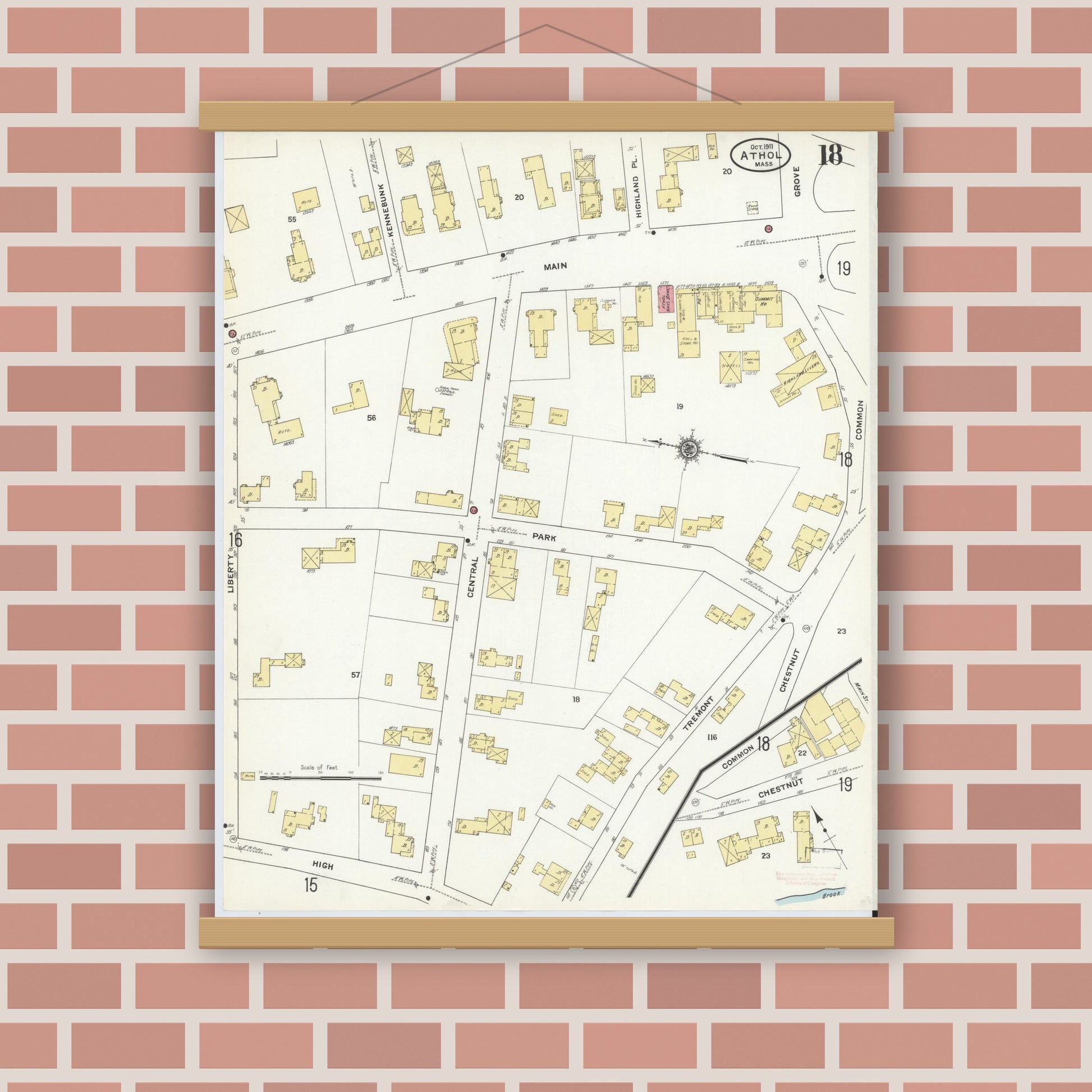 Old map wall art mockup — magnetic wood frame on brick wall — Sanborn Fire Insurance Map from Athol, Worcester County, Massachusetts (1911), Sheet #0018