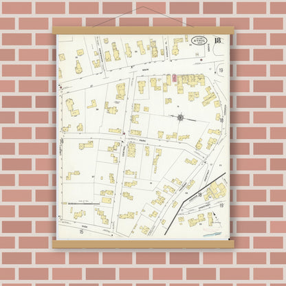 Old map wall art mockup — magnetic wood frame on brick wall — Sanborn Fire Insurance Map from Athol, Worcester County, Massachusetts (1911), Sheet #0018