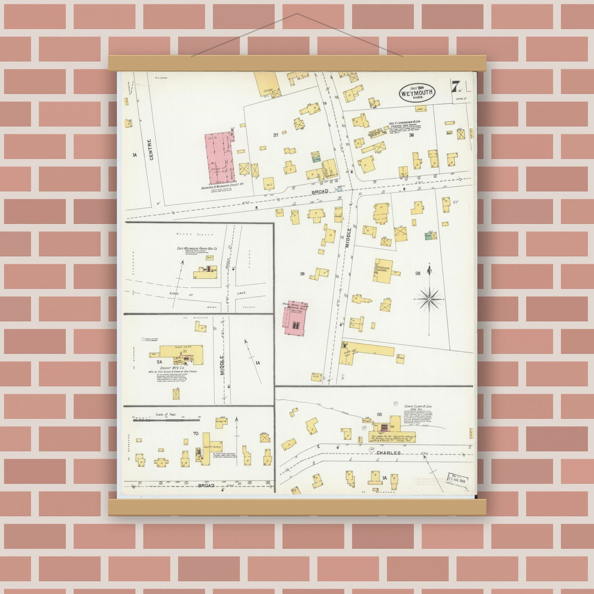 Old map wall art mockup — magnetic wood frame on brick wall — Sanborn Fire Insurance Map from Weymouth, Norfolk County, Massachusetts (1904), Sheet #0007