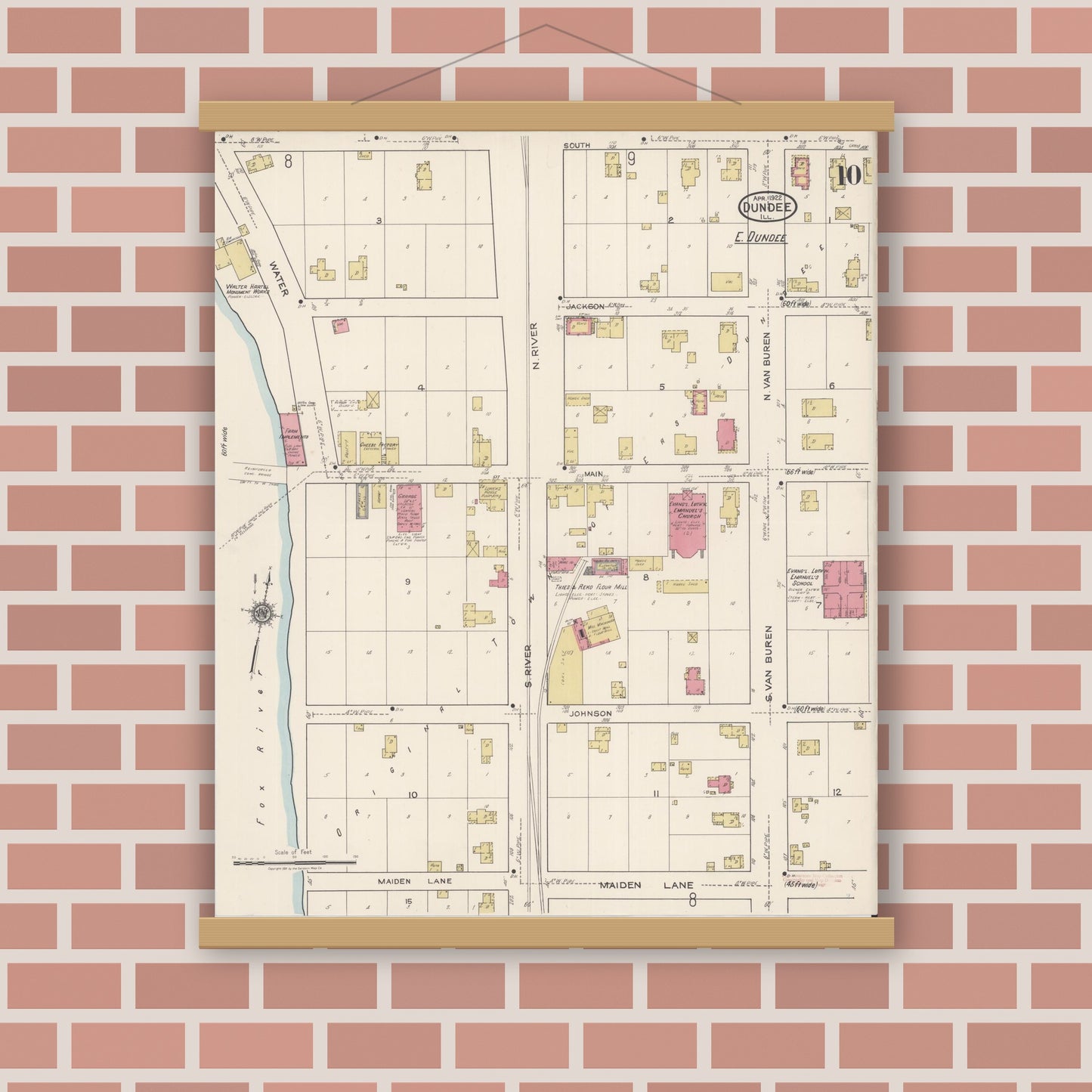 Old map wall art mockup — magnetic wood frame on brick wall — Sanborn Fire Insurance Map from Dundee, Kane County, Illinois (1922), Sheet #0010