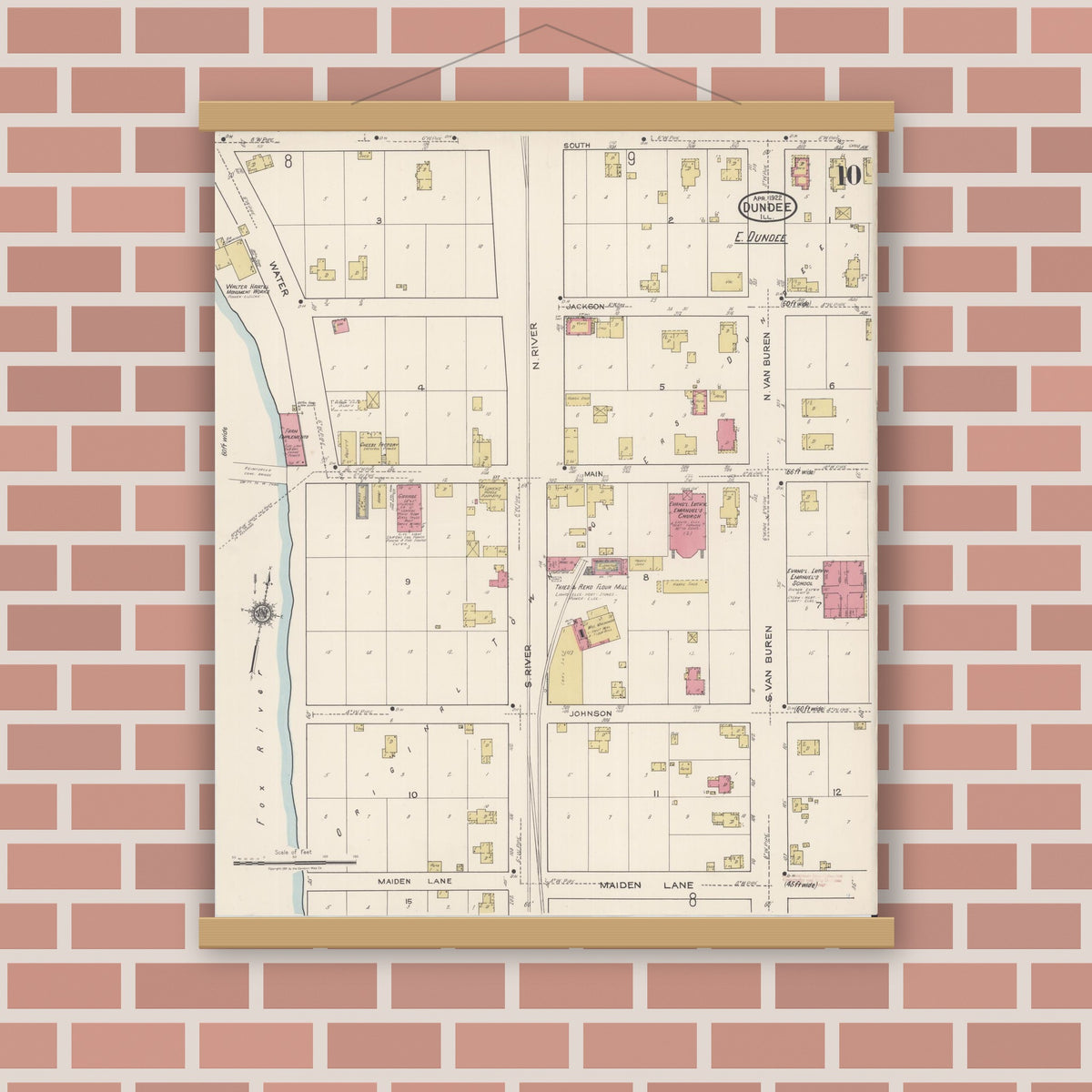 Old map wall art mockup — magnetic wood frame on brick wall — Sanborn Fire Insurance Map from Dundee, Kane County, Illinois (1922), Sheet #0010