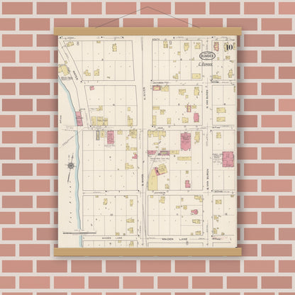 Old map wall art mockup — magnetic wood frame on brick wall — Sanborn Fire Insurance Map from Dundee, Kane County, Illinois (1922), Sheet #0010