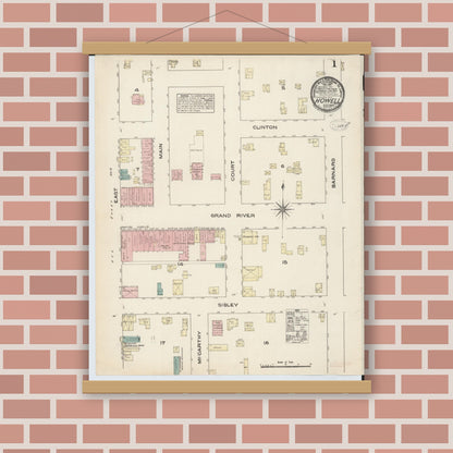 Old map wall art mockup — magnetic wood frame on brick wall — Sanborn Fire Insurance Map from Howell, Livingston County, Michigan (1883), Sheet #0001