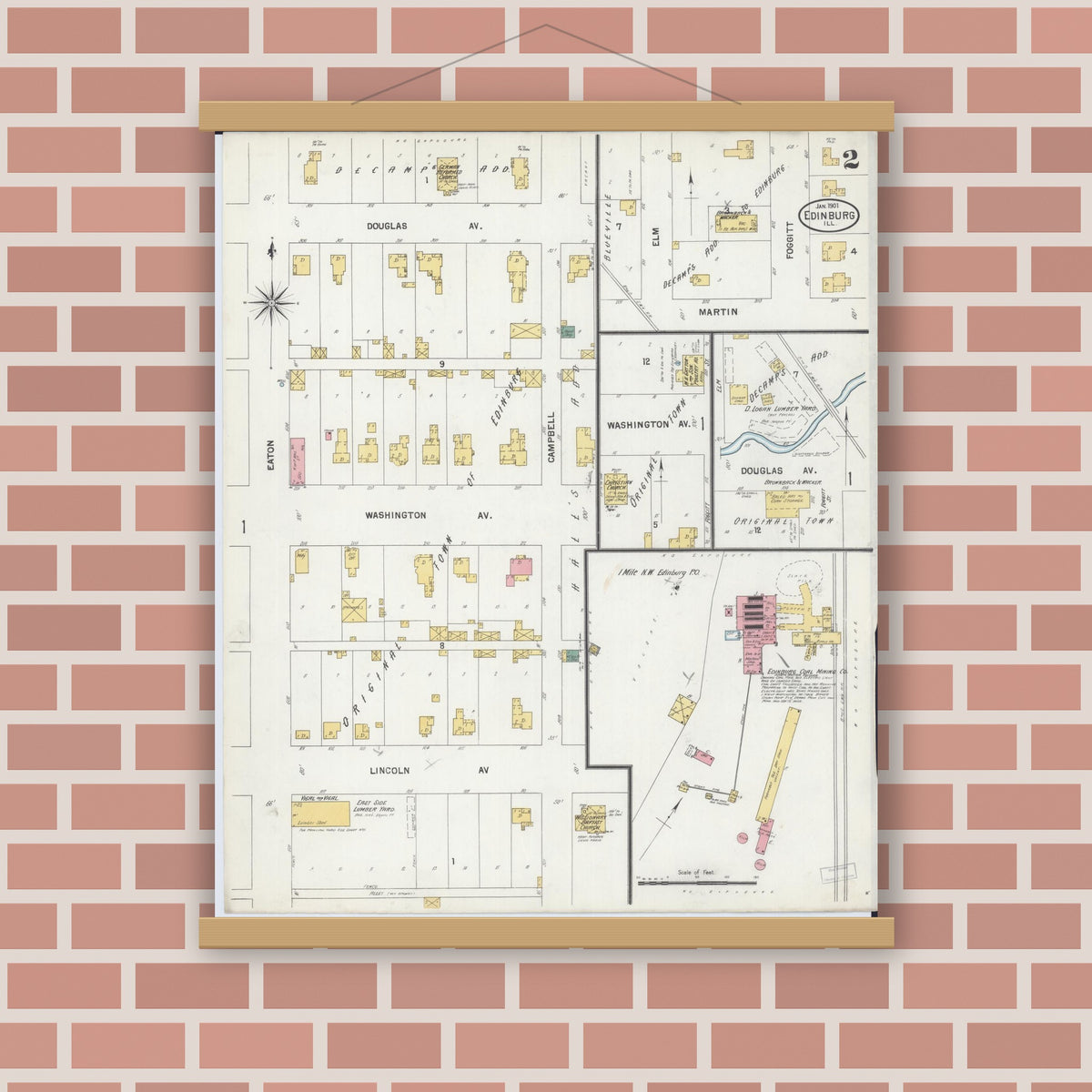 Old map wall art mockup — magnetic wood frame on brick wall — Sanborn Fire Insurance Map from Edinburgh, Christian County, Illinois (1901), Sheet #0002