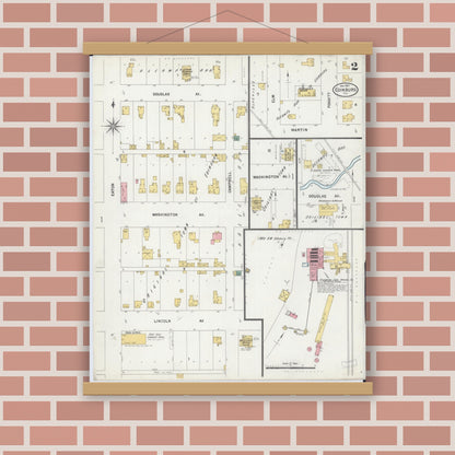 Old map wall art mockup — magnetic wood frame on brick wall — Sanborn Fire Insurance Map from Edinburgh, Christian County, Illinois (1901), Sheet #0002