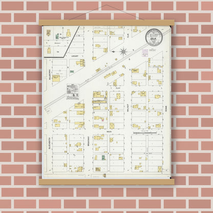Old map wall art mockup — magnetic wood frame on brick wall — Sanborn Fire Insurance Map from Iola, Clay County, Illinois (1902), Sheet #0001