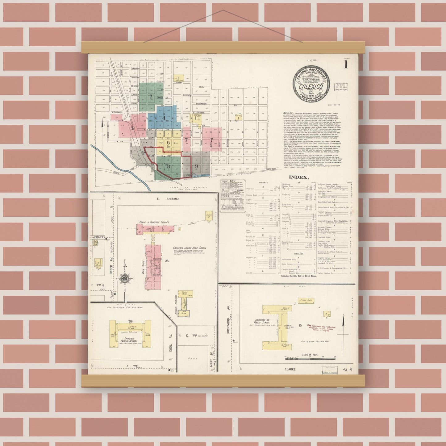 Old map wall art mockup — magnetic wood frame on brick wall — Sanborn Fire Insurance Map from Calexico, Imperial County, California (1916) - Complete Map Set