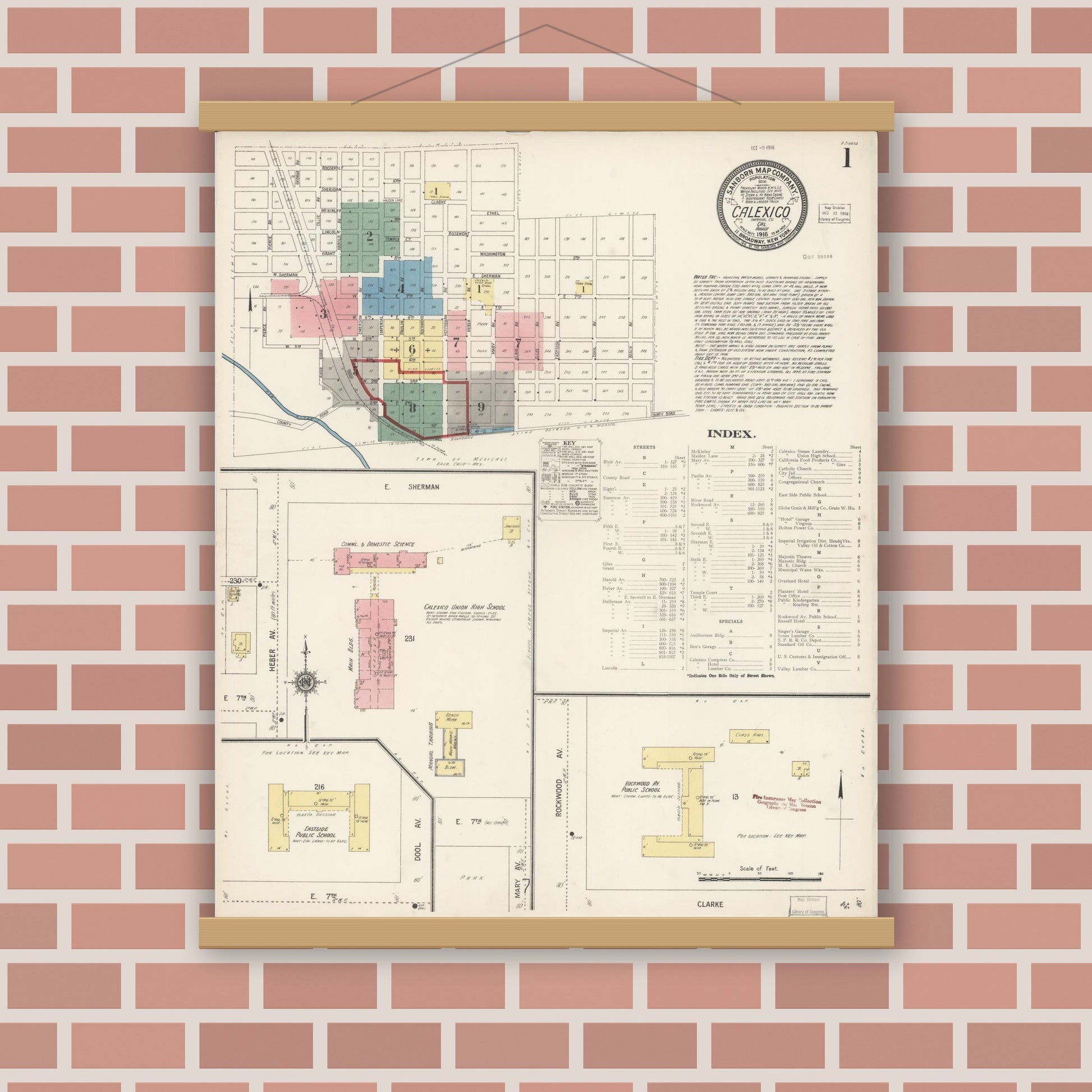 Old map wall art mockup — magnetic wood frame on brick wall — Sanborn Fire Insurance Map from Calexico, Imperial County, California (1916) - Complete Map Set