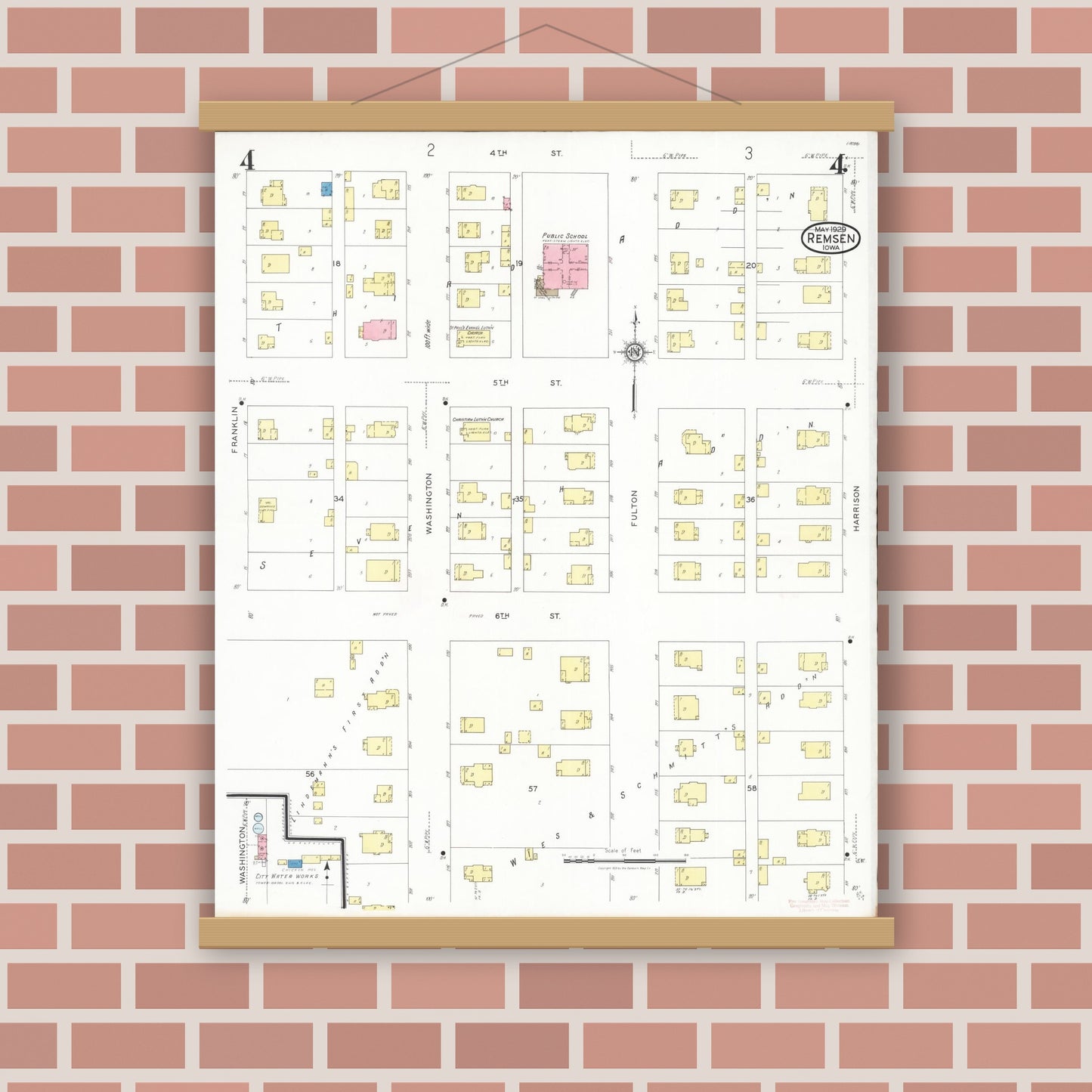 Old map wall art mockup — magnetic wood frame on brick wall — Sanborn Fire Insurance Map from Remsen, Plymouth County, Iowa (1929), Sheet #0004