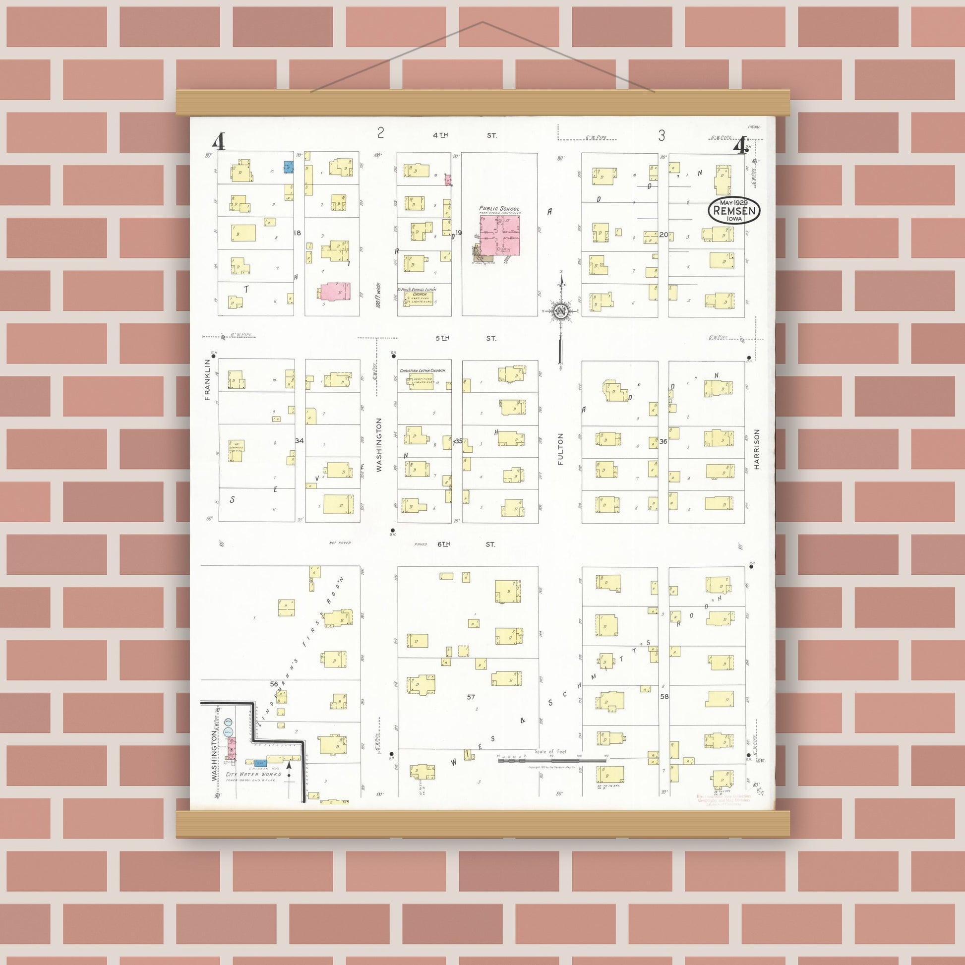 Old map wall art mockup — magnetic wood frame on brick wall — Sanborn Fire Insurance Map from Remsen, Plymouth County, Iowa (1929), Sheet #0004