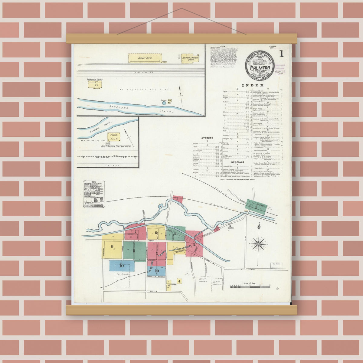 Old map wall art mockup — magnetic wood frame on brick wall — Sanborn Fire Insurance Map from Palmyra, Wayne County, New York (1906), Sheet #0001