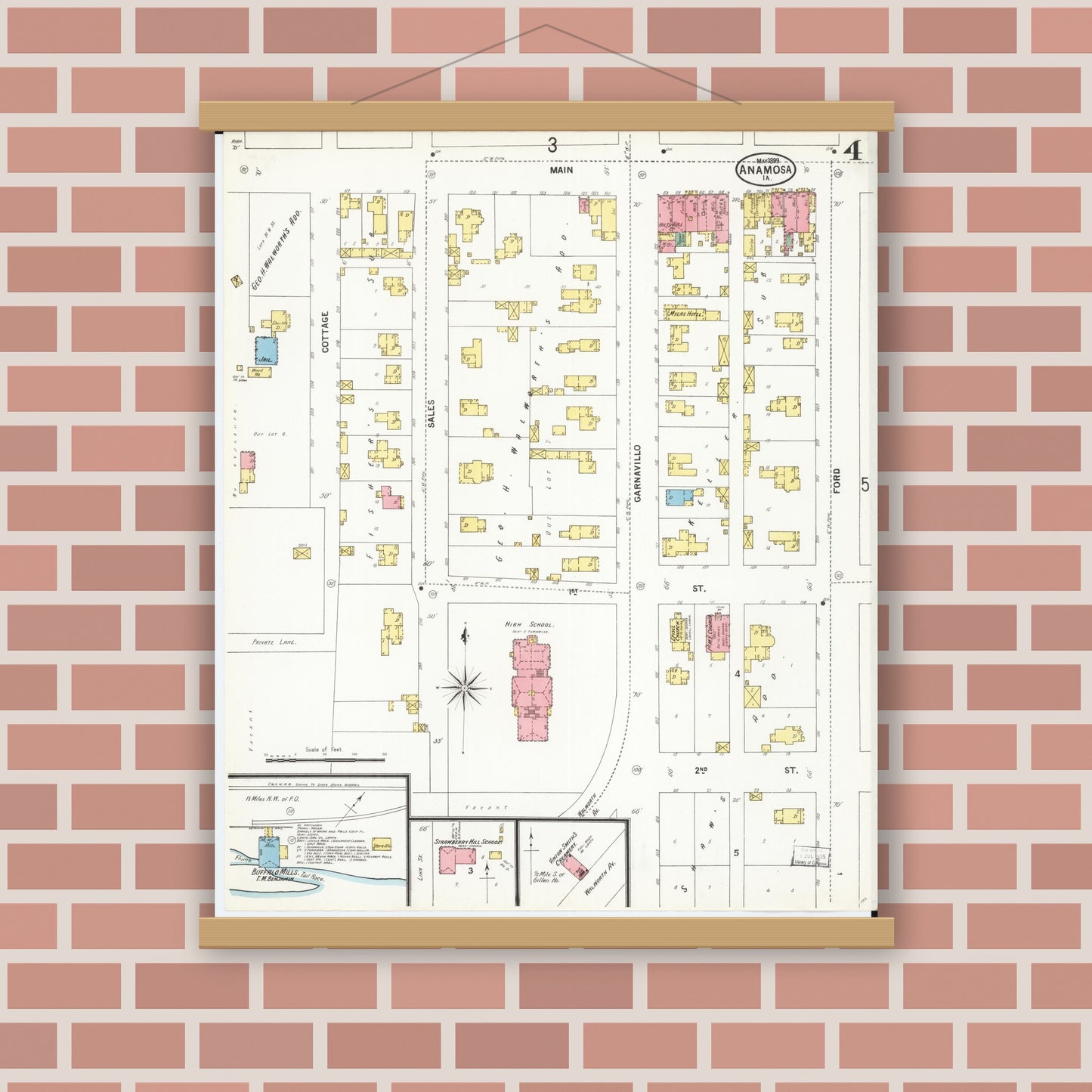 Old map wall art mockup — magnetic wood frame on brick wall — Sanborn Fire Insurance Map from Anamosa, Jones County, Iowa (1899), Sheet #0004