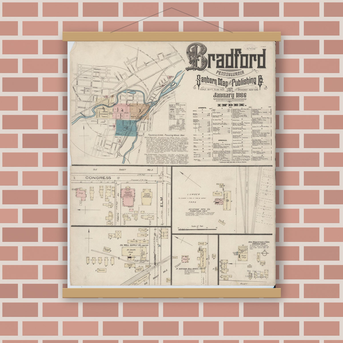 Old map wall art mockup — magnetic wood frame on brick wall — Sanborn Fire Insurance Map from Bradford, McKean County, Pennsylvania (1886) - Complete Map Set