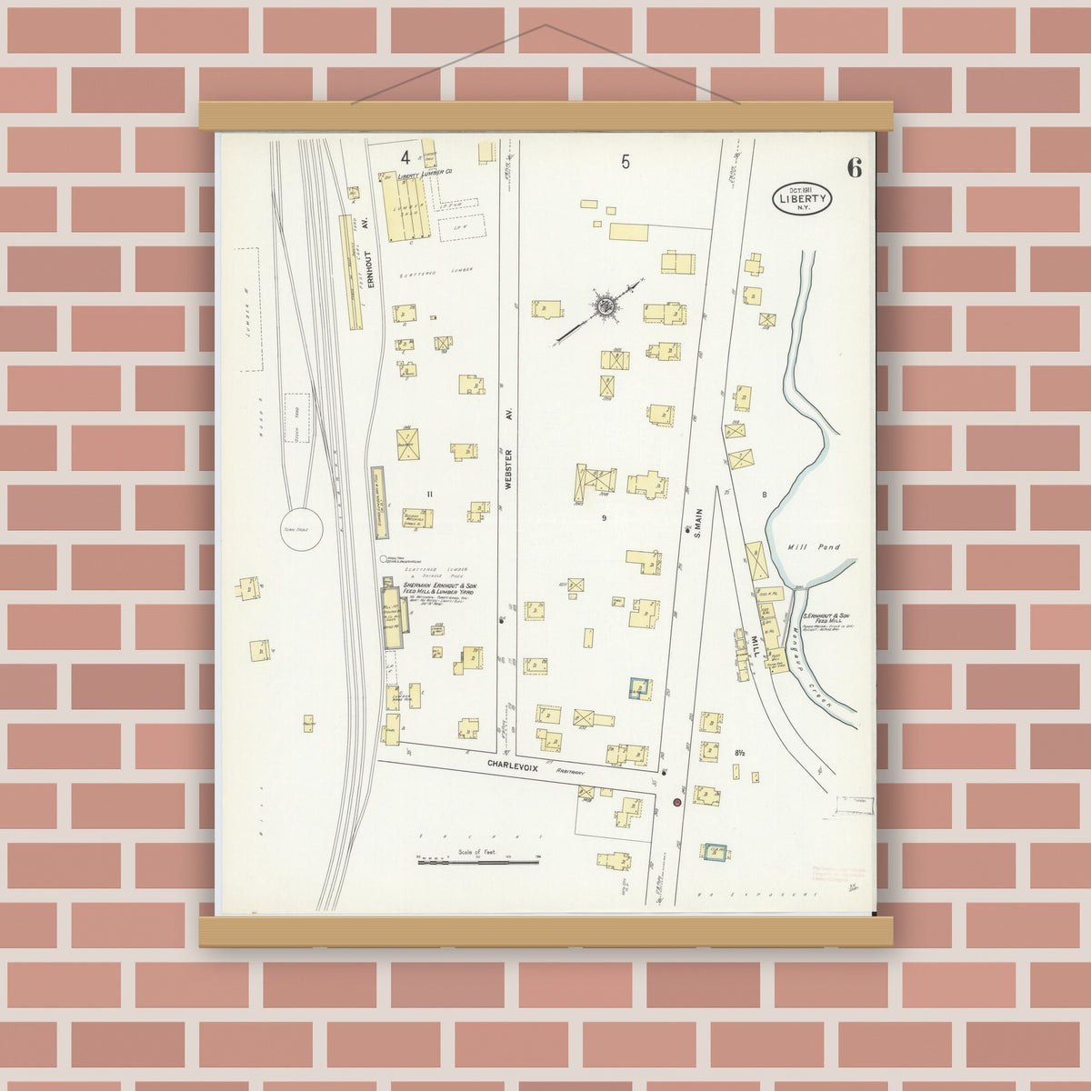Old map wall art mockup — magnetic wood frame on brick wall — Sanborn Fire Insurance Map from Liberty, Sullivan County, New York (1911), Sheet #0006