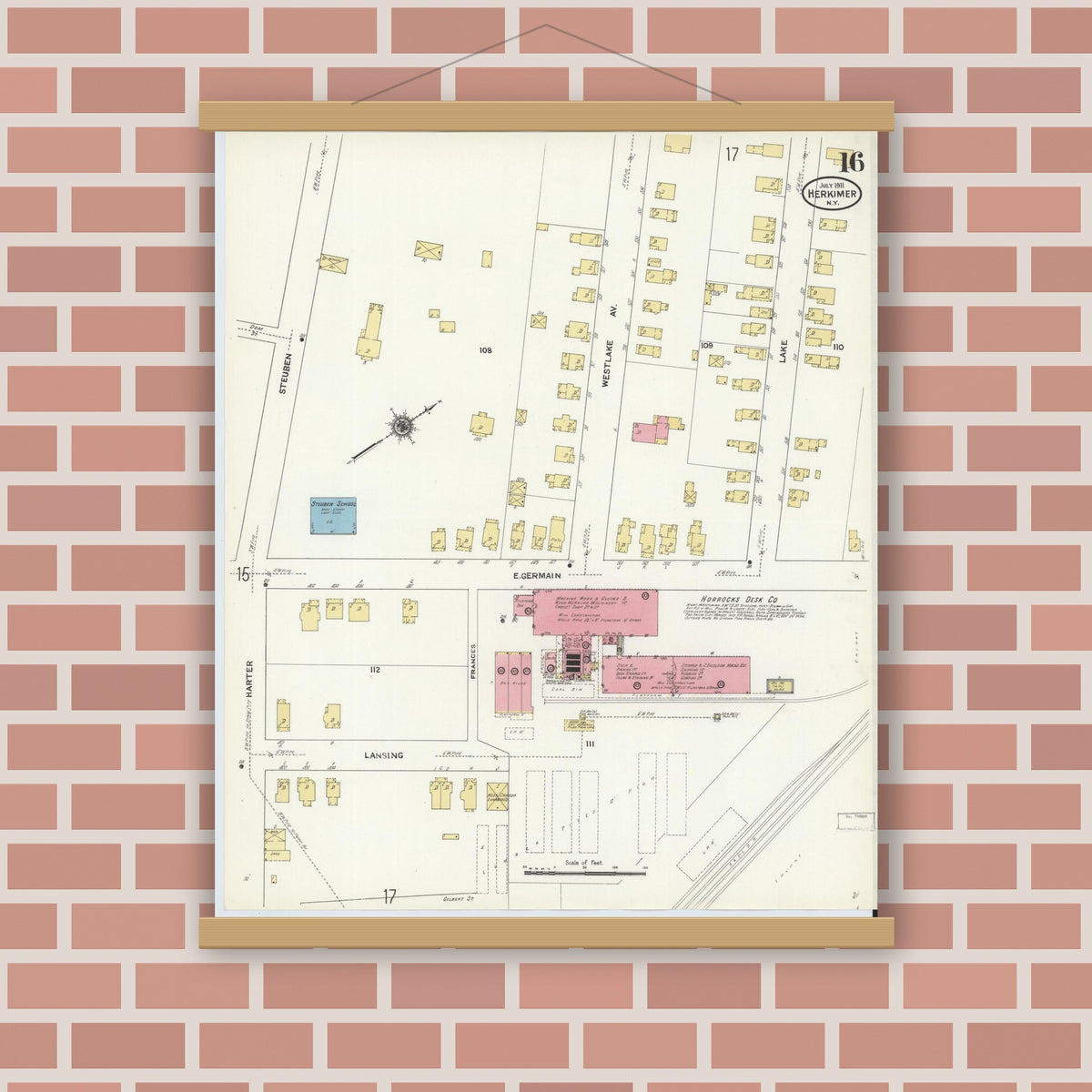 Old map wall art mockup — magnetic wood frame on brick wall — Sanborn Fire Insurance Map from Herkimer, Herkimer County, New York (1911), Sheet #0016