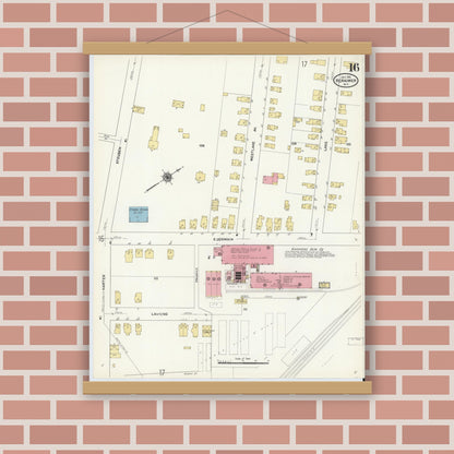 Old map wall art mockup — magnetic wood frame on brick wall — Sanborn Fire Insurance Map from Herkimer, Herkimer County, New York (1911), Sheet #0016