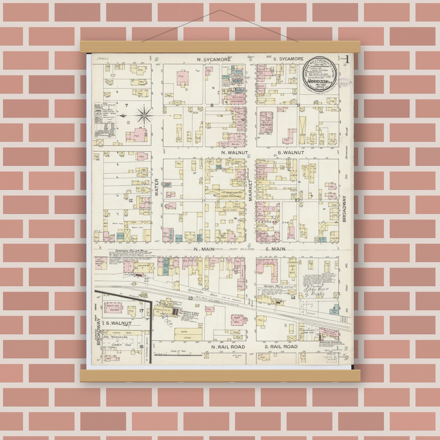 Old map wall art mockup — magnetic wood frame on brick wall — Sanborn Fire Insurance Map from Harrison, Hamilton County, Ohio (1887) - Complete Map Set