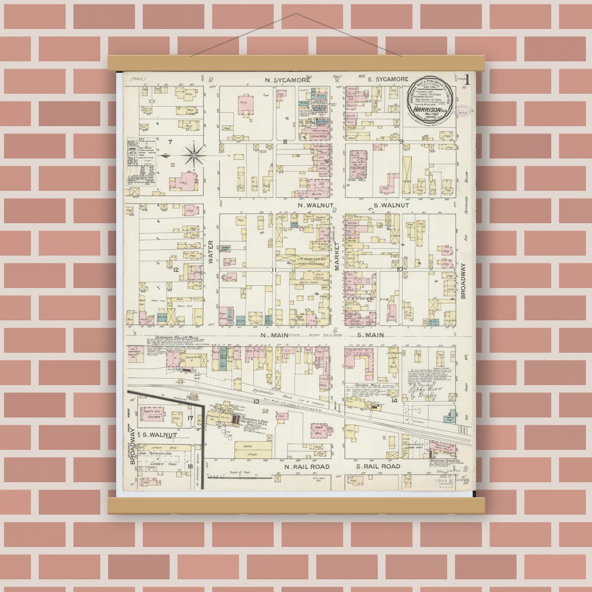 Old map wall art mockup — magnetic wood frame on brick wall — Sanborn Fire Insurance Map from Harrison, Hamilton County, Ohio (1887) - Complete Map Set