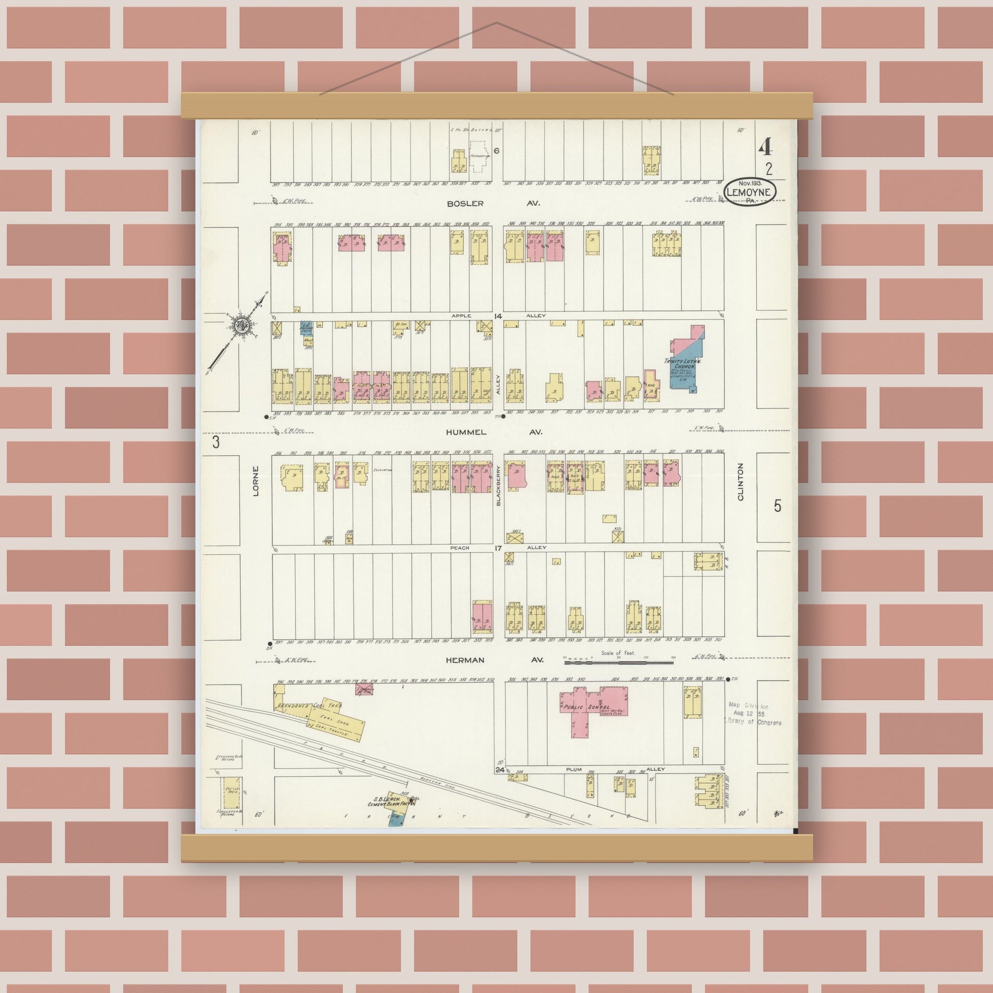 Old map wall art mockup — magnetic wood frame on brick wall — Sanborn Fire Insurance Map from Lemoyne, Cumberland County, Pennsylvania (1913), Sheet #0004
